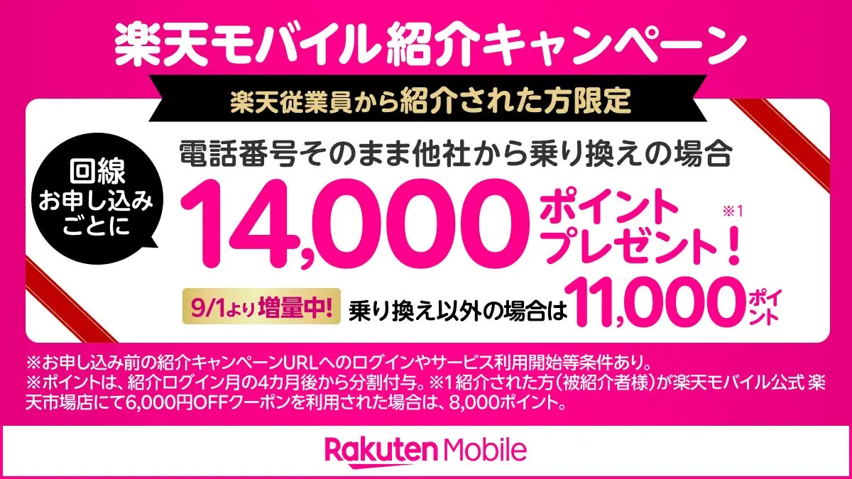楽天モバイル従業員紹介キャンペーンで最大14,000ポイント！（2026年3月最新）